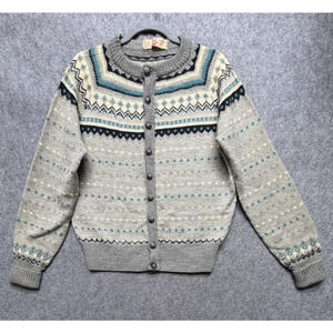 Vintage Fair Isle Cardigan Sweater Womens Medium Gray 100% Wool Ski Denmark